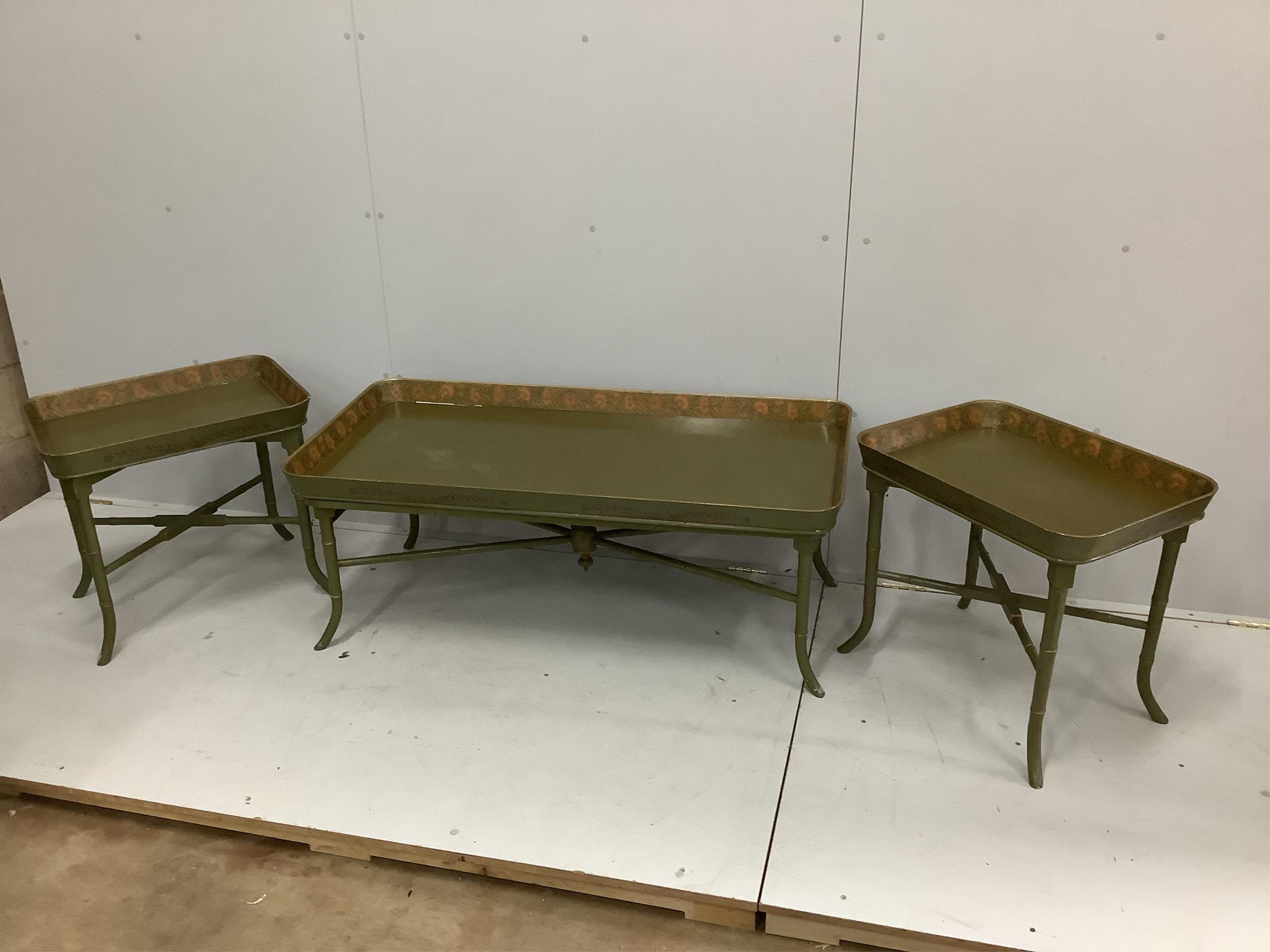 A set of three Regency style painted faux bamboo tray top occasional tables, largest width 126cm, depth 60cm, height 47cm. Condition - good